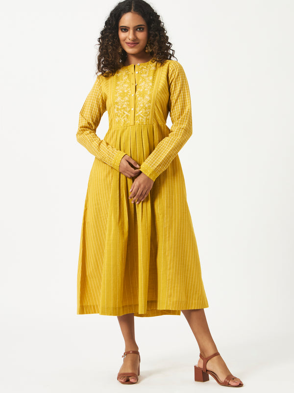 Organic Cotton Dobby Yellow Pleated Dress - MSGCS08BYLWDBY