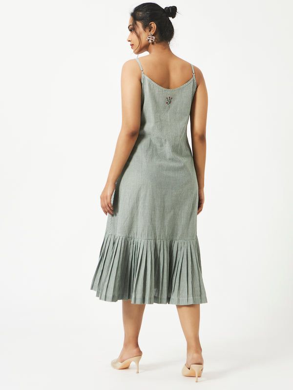 Organic Cotton Green Gingham Checks Strappy Dress - MSG23CS1056