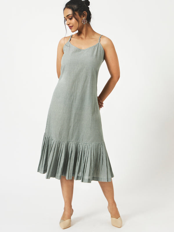 Organic Cotton Green Gingham Checks Strappy Dress - MSG23CS1056