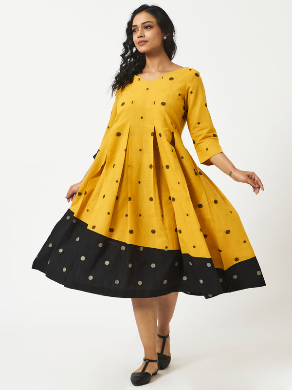 Organic Cotton Yellow Dobby Pleated V neck Dress - MSG23CS1050YLWDBY
