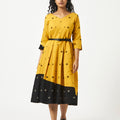 Organic Cotton Yellow Dobby Pleated V neck Dress - MSG1050YLWDBY