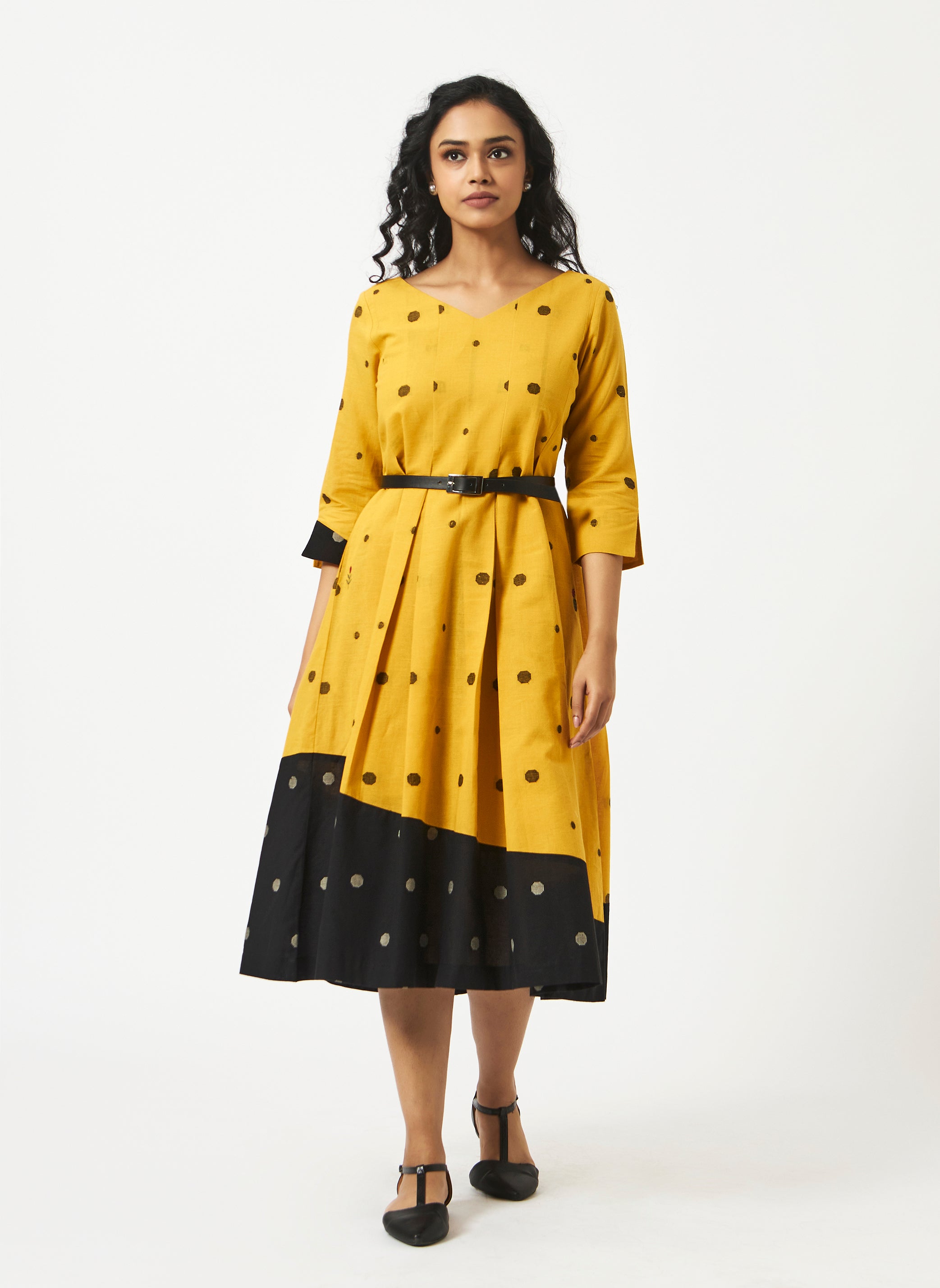 Organic Cotton Yellow Dobby Pleated V neck Dress - MSG1050YLWDBY