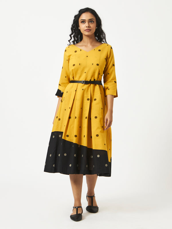 Organic Cotton Yellow Dobby Pleated V neck Dress - MSG23CS1050YLWDBY