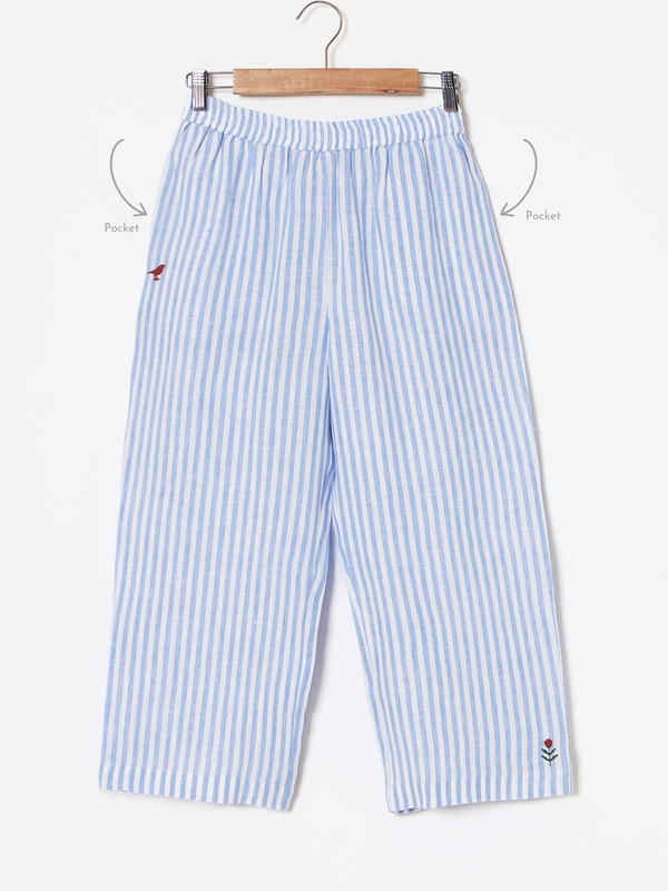 100% Linen Light Blue Stripes Parallel Pants