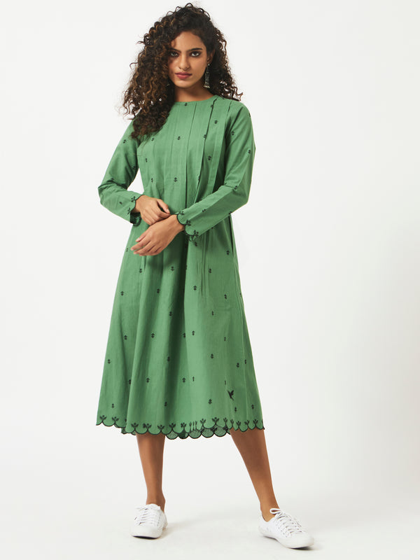 Organic Cotton Green Dobby Pleated Full Sleeve Dress - MSG46GRN