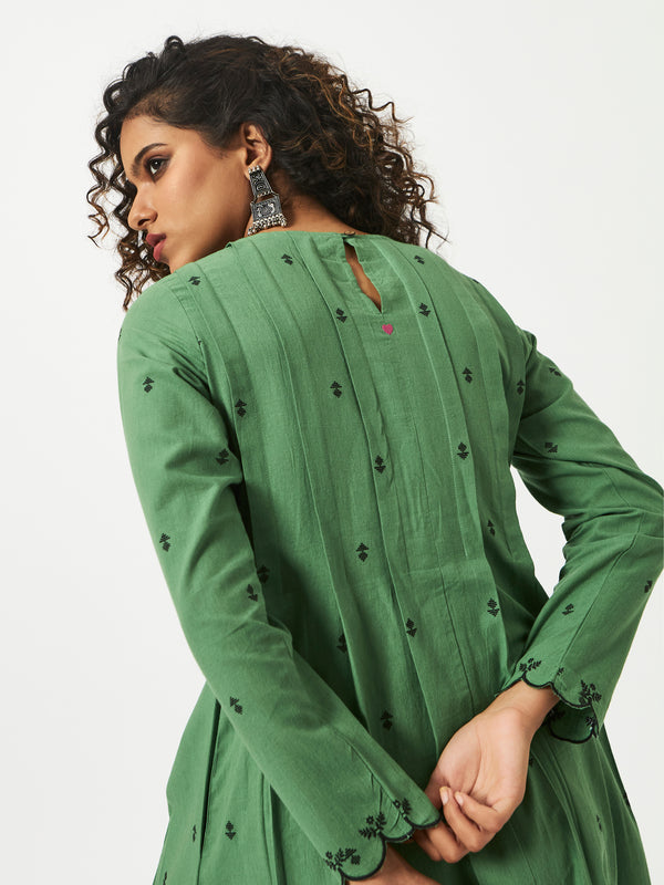 Organic Cotton Green Dobby Pleated Full Sleeve Dress - MSG46GRN