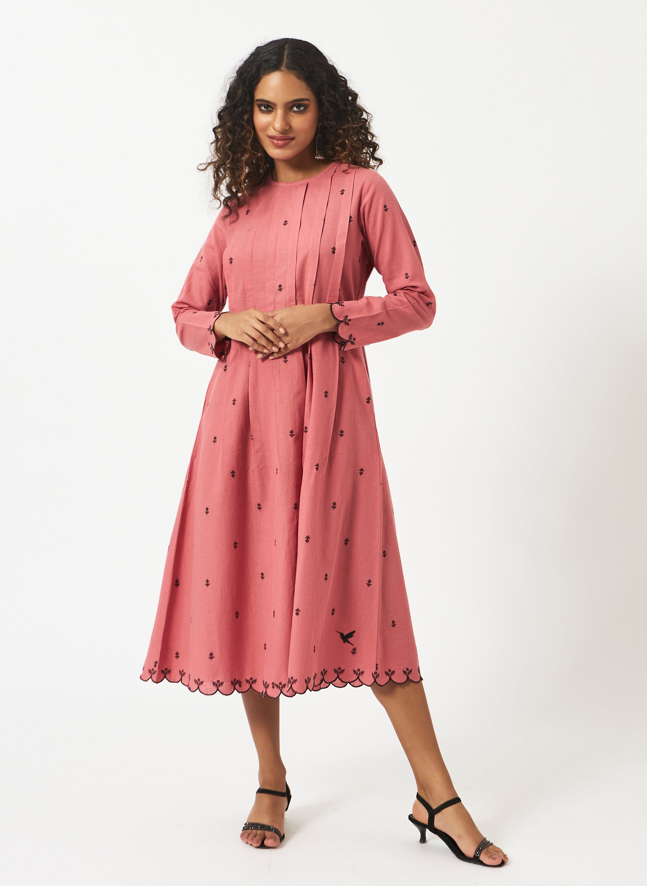 Organic Cotton Pink Dobby Pleated Full Sleeve Dress  - MSG46PNK