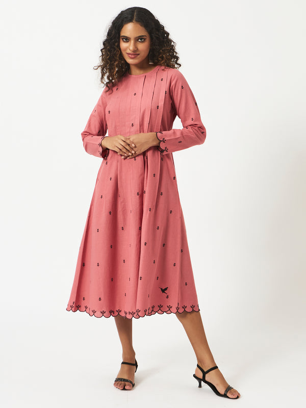 Organic Cotton Pink Dobby Pleated Full Sleeve Dress  - MSG46PNK