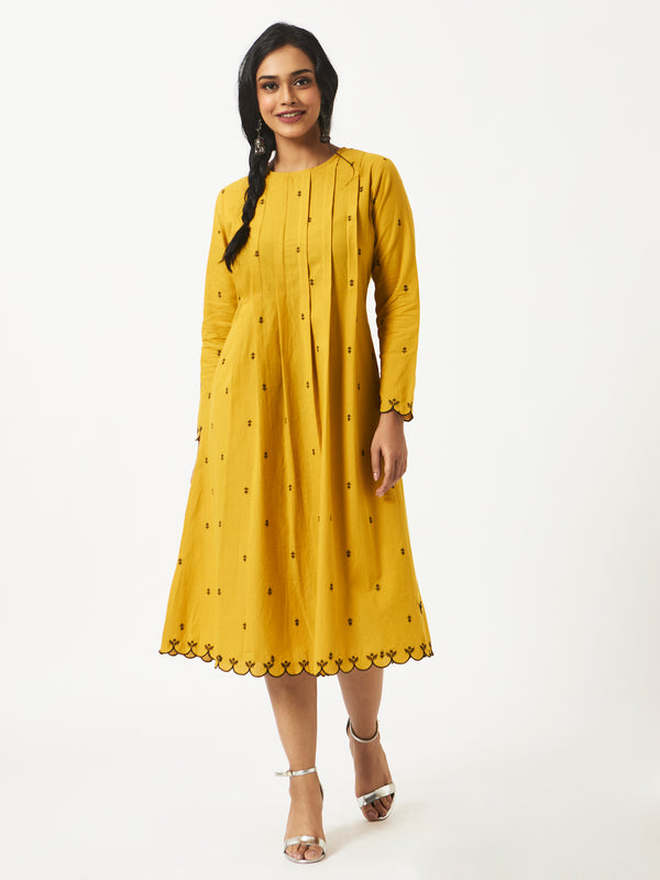 Organic Cotton yellow Dobby Pleated Full Sleeve Dress - MSG46YLW
