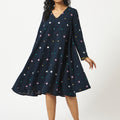 Organic Cotton Navy Multicolour Dobby V-neck Dress - MSG49NVYDBY