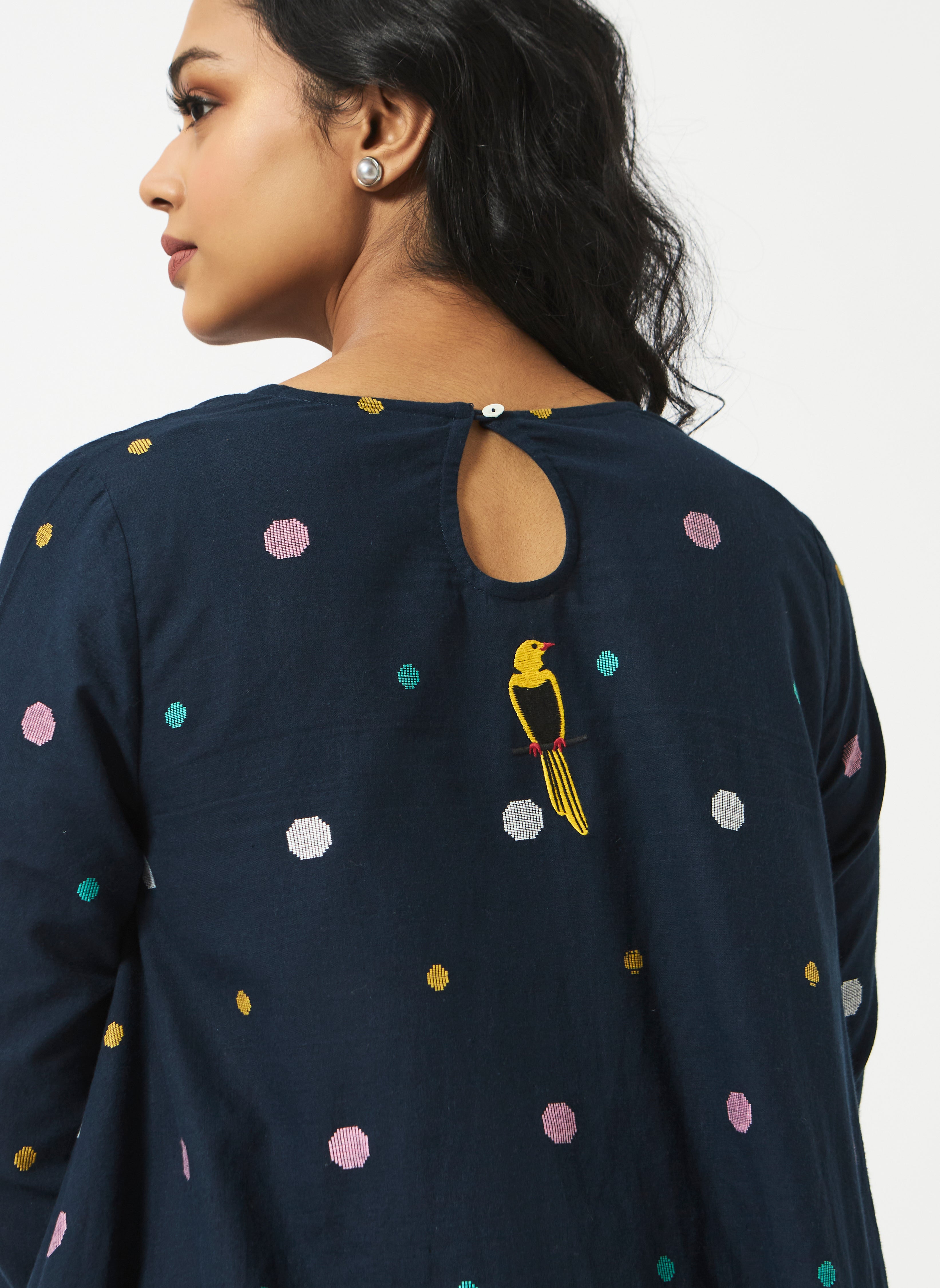 Organic Cotton Navy Multicolour Dobby V-neck Dress - MSG49NVYDBY