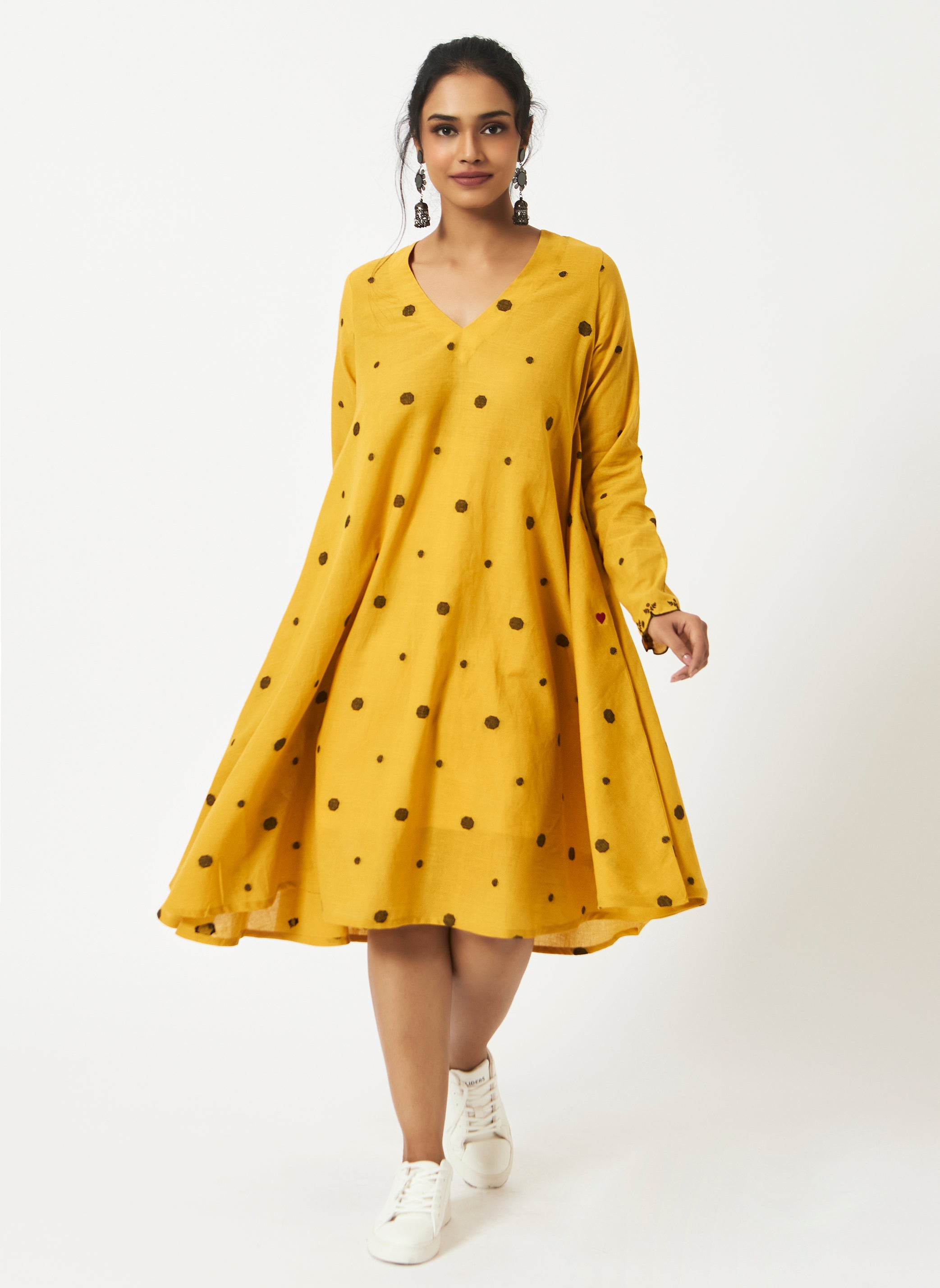 Organic Cotton Yellow Dobby V-neck Dress - MSG49YLWDBY