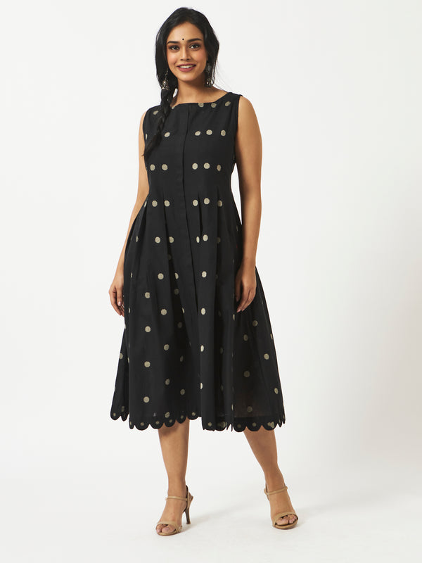 Organic Cotton Black Dobby Pleated Dress