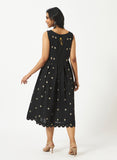 Organic Cotton Black Dobby Pleated Dress