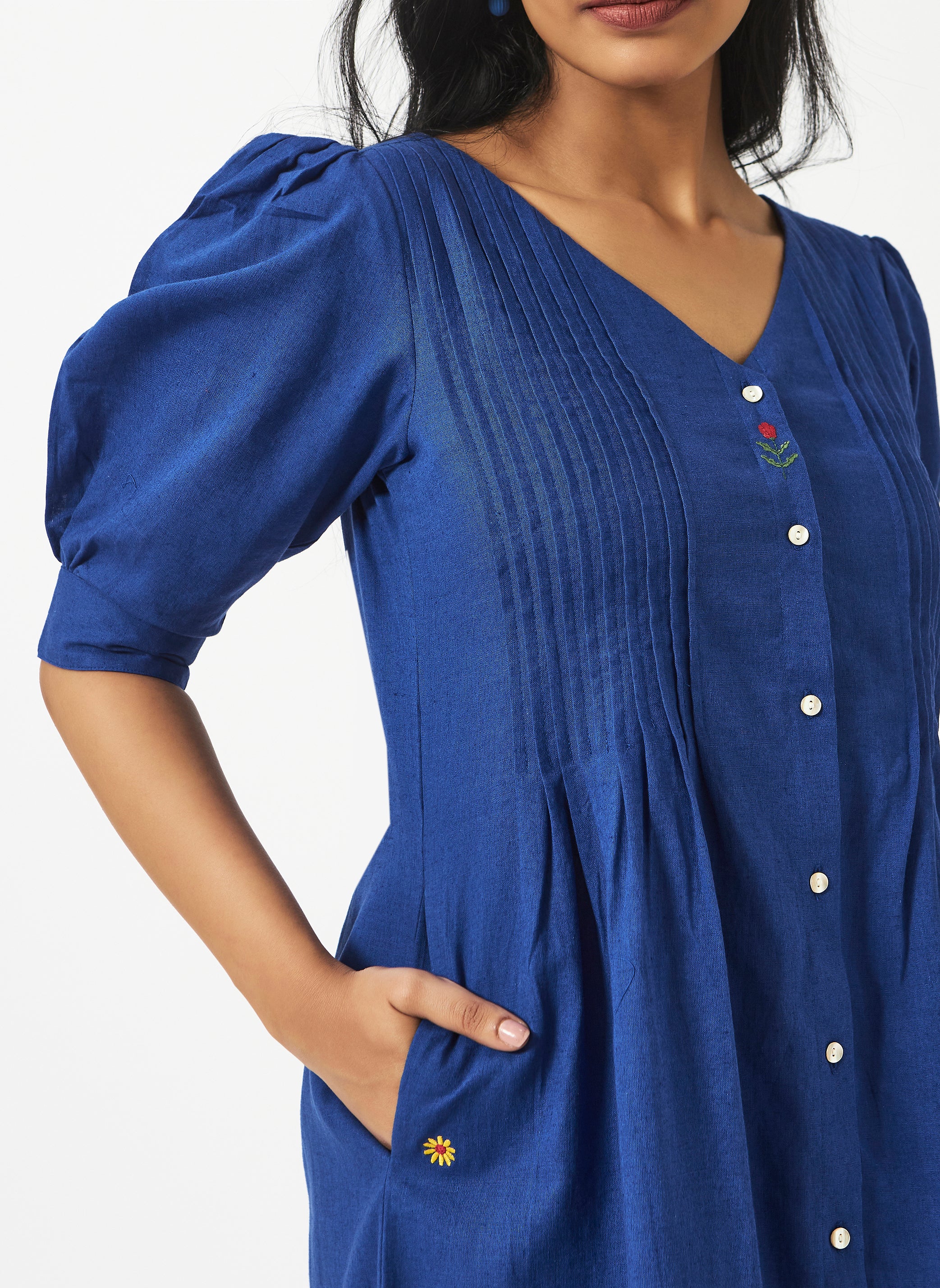 Linen Cotton Blue Balloon Sleeve Dress MSG577INKB