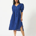 Linen Cotton Blue Balloon Sleeve Dress MSG577INKB