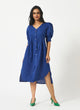 Linen Cotton Blue Balloon Sleeve Dress MSG577INKB