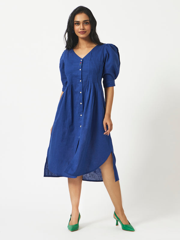 Linen Cotton Blue Balloon Sleeve Dress MSGCS577INKB