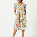 Organic Cotton Off-white Floral Printed V-neck Pin-tuck Dress - MSG577OFFL