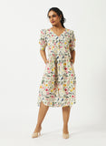 Organic Cotton Off-white Floral Printed V-neck Pin-tuck Dress - MSG577OFFL