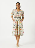 Organic Cotton Off-white Floral Printed V-neck Pin-tuck Dress - MSG577OFFL