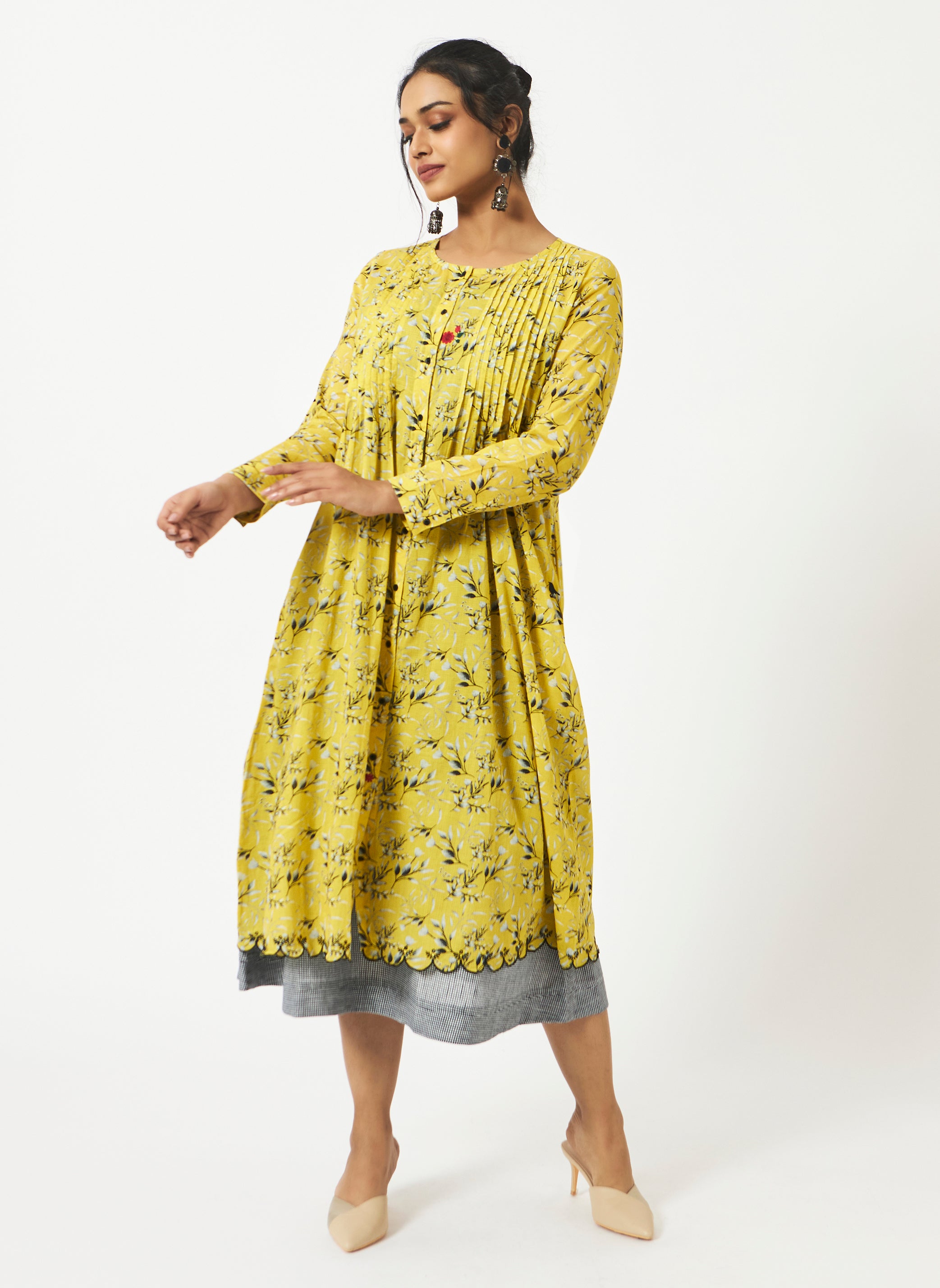 Organic Cotton Yellow Digital Printed Layered Pin-tuck Dress - MSG578YLWCHK
