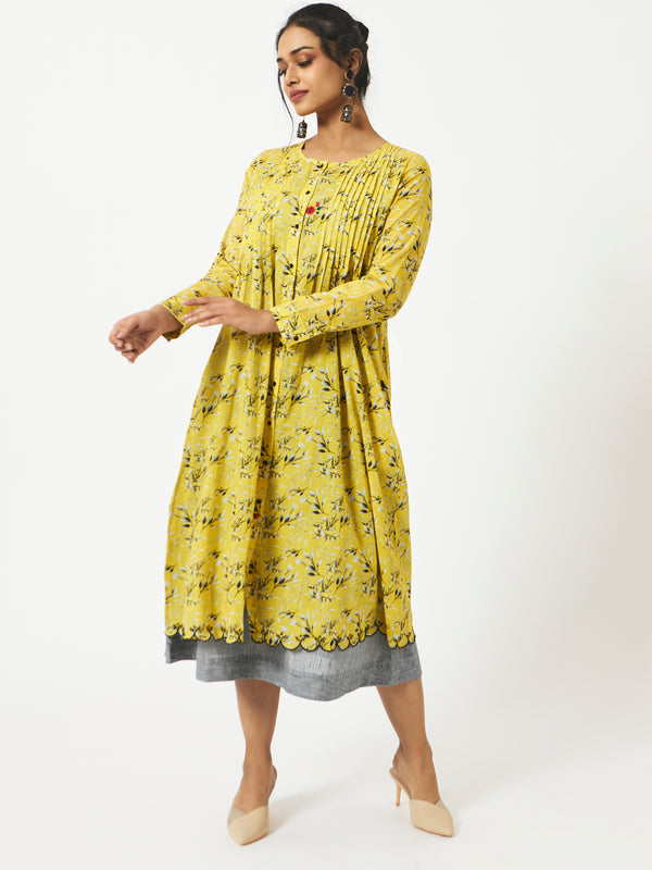 Organic Cotton Yellow Digital Printed Layered Pin-tuck Dress - MSG578YLWCHK