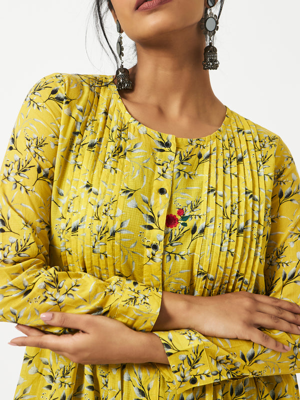 Organic Cotton Yellow Digital Printed Layered Pin-tuck Dress - MSG578YLWCHK