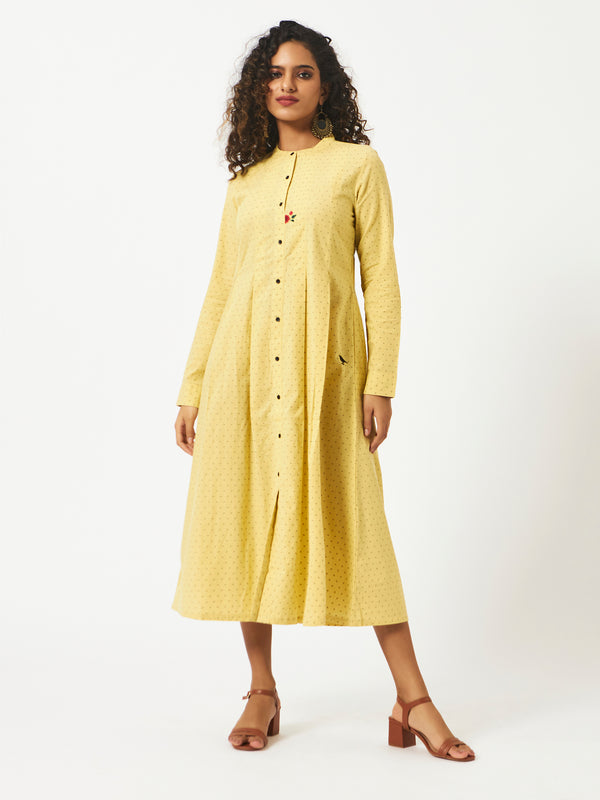 Organic cotton yellow dobby mandarin collar  Dress - MSG57AYLWDBY