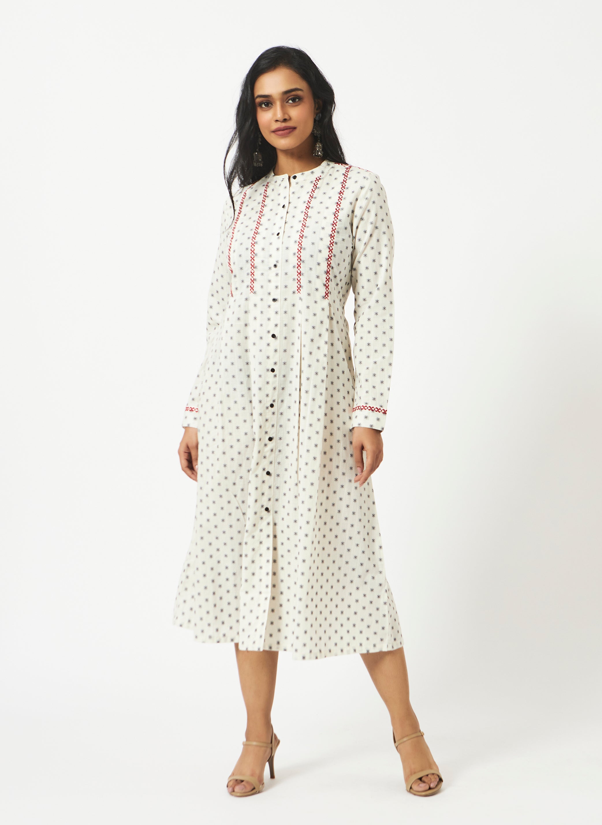 Organic Cotton Off-White Dobby Mandarin collar  Dress - MSG57BOFWDBY