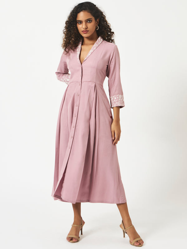 Tencel Dusty Rose Shawl Collar Pleated Dress - MSG60BDR