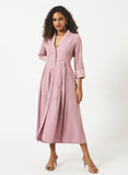Tencel Dusty Rose Shawl Collar Pleated Dress - MSG60BDR