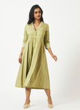 Tencel Green Shawl Collar Pleated Dress - MSG60BMG