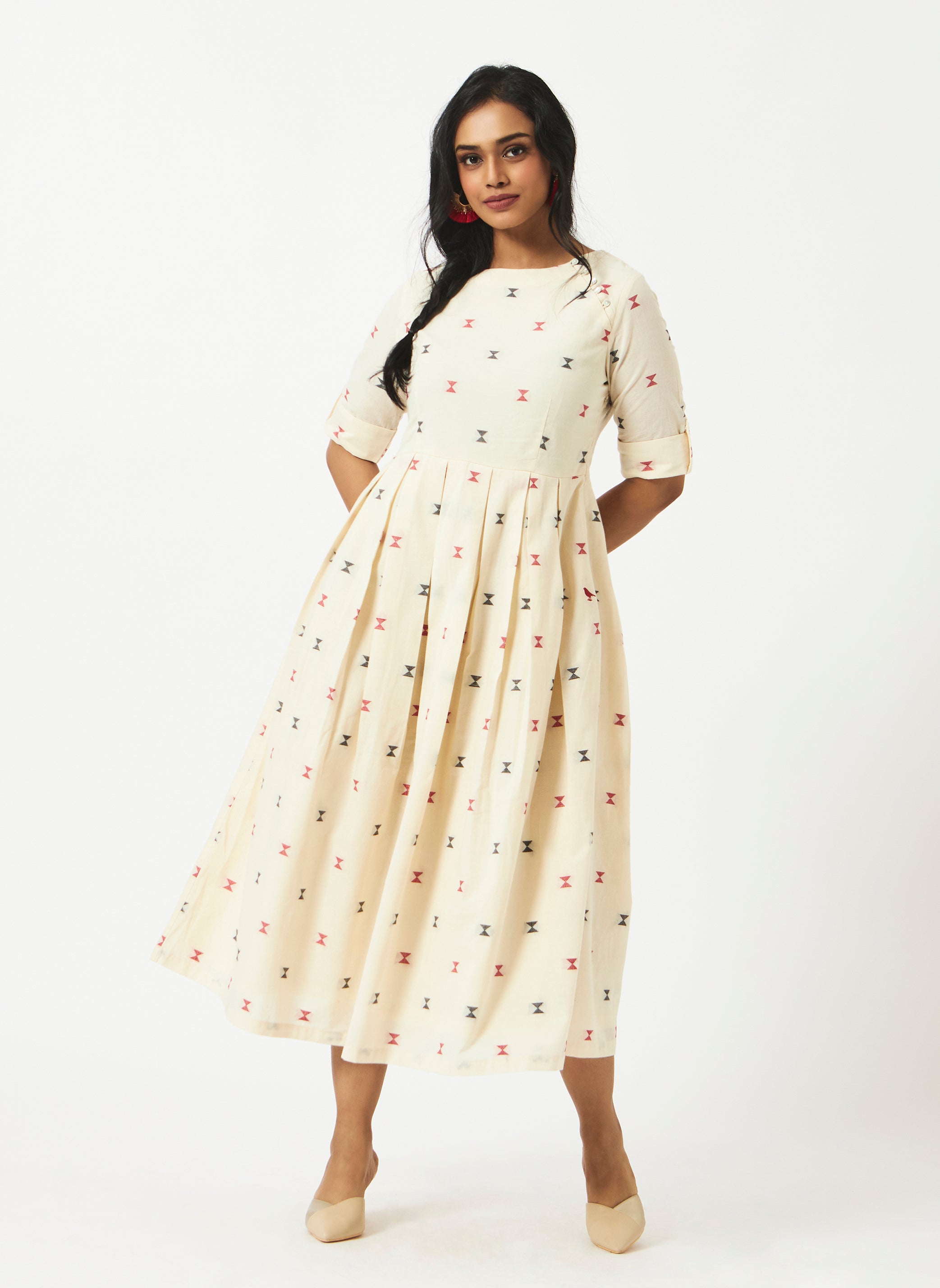 Organic Cotton Off-White Dobby Boat Neck Half Sleeve Dress - MSG11WHDBY