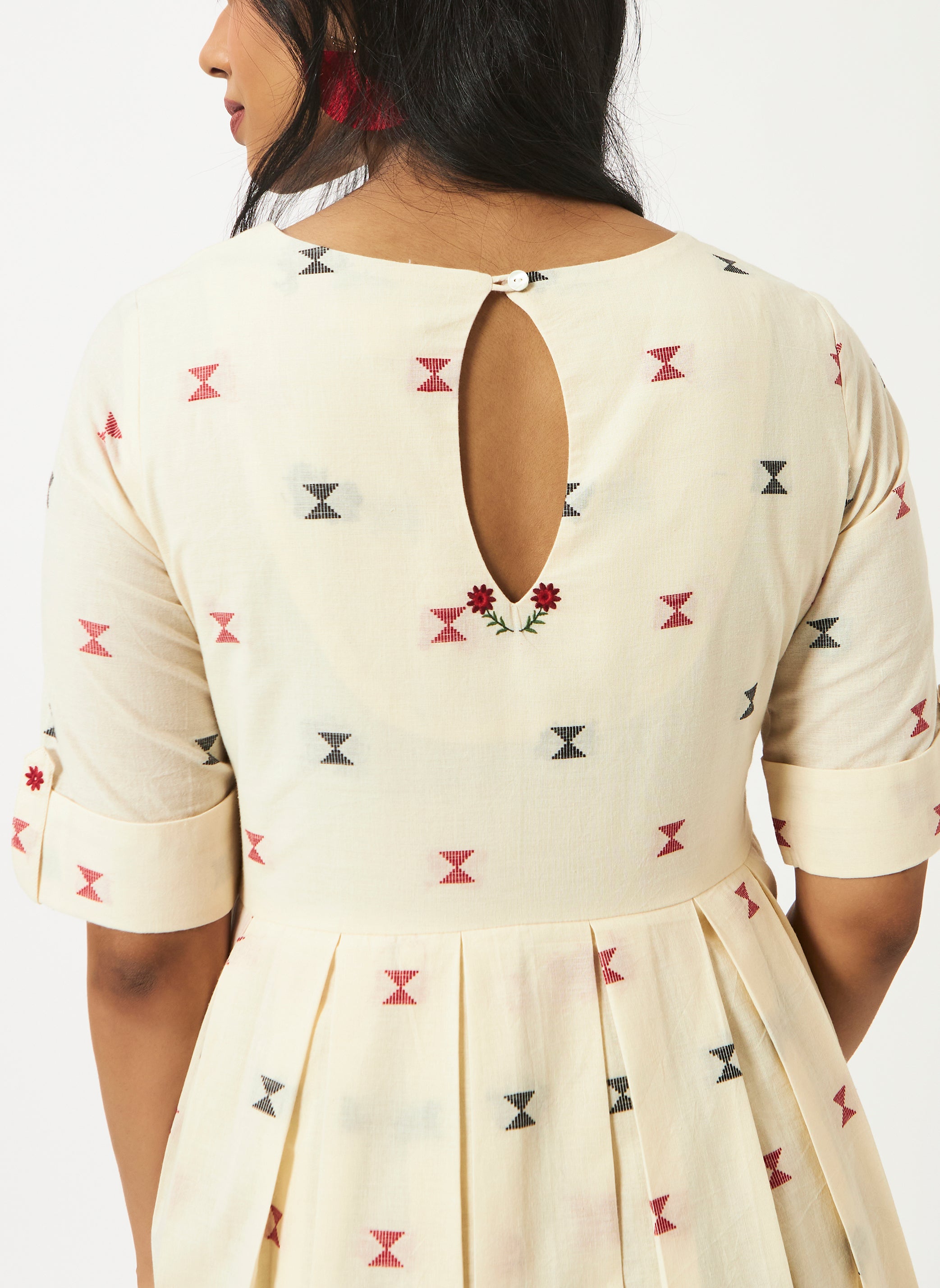 Organic Cotton Off-White Dobby Boat Neck Half Sleeve Dress - MSG11WHDBY