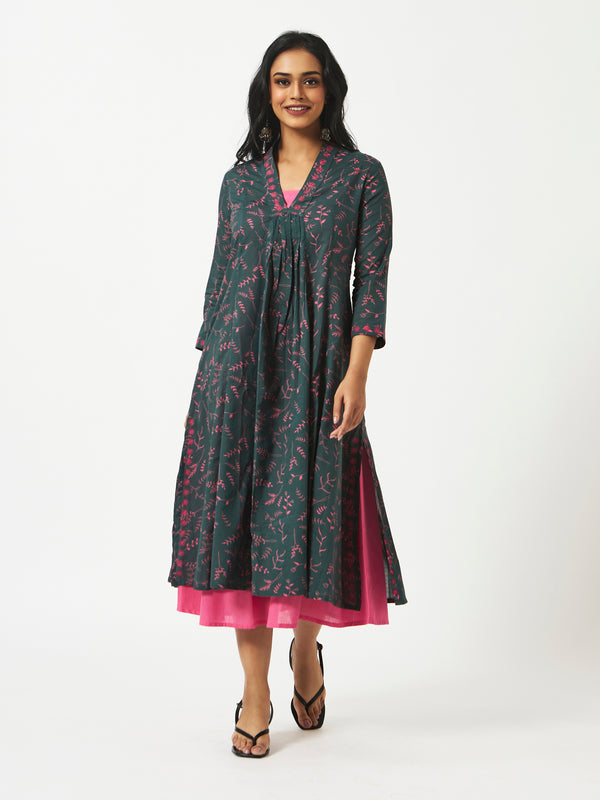 Organic Cotton Green Digital Printed Layered Dress - MSG23CS041GRNP