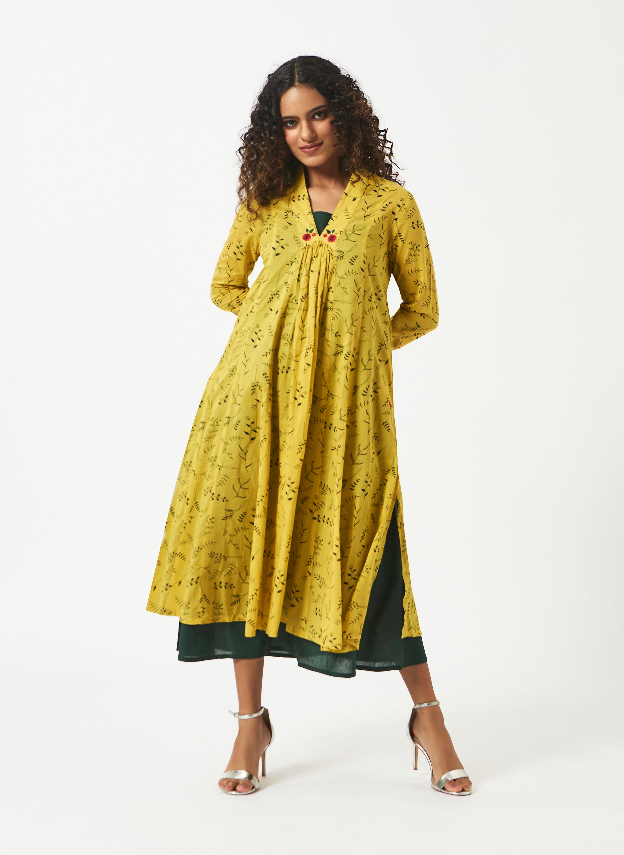 Organic Cotton Yellow V neck Printed Layered Dress - MSG041YLWG