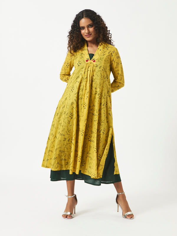 Organic Cotton Yellow V neck Printed Layered Dress - MSG23CS041YLWG