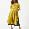 Organic Cotton Yellow V neck Printed Layered Dress - MSG041YLWG