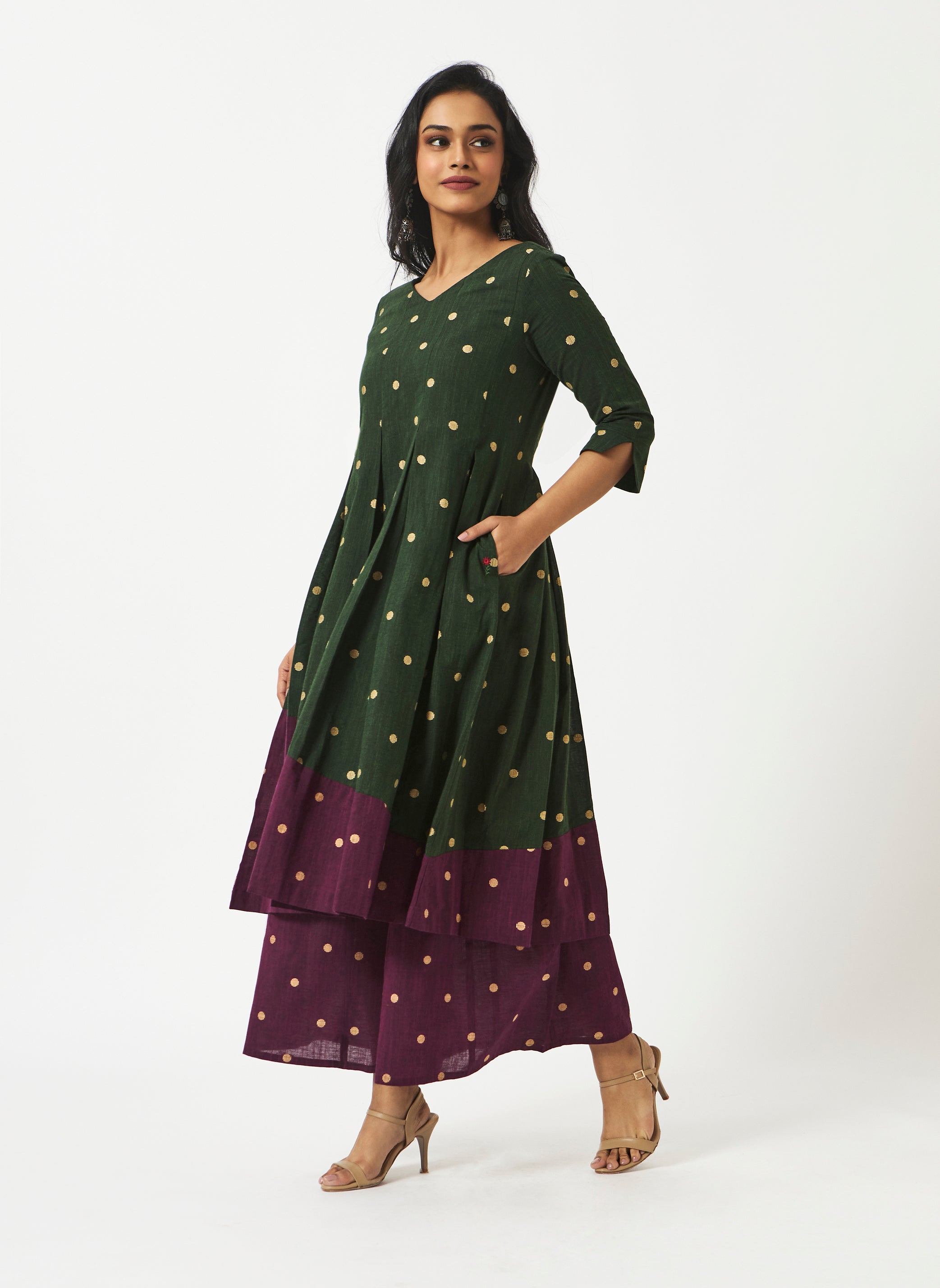 Organic Cotton Green Dobby Pleated Dress - MSG1050GRNDBY
