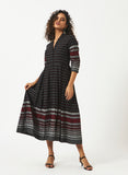 Organic Cotton Black Dobby Shawl Collar Pleated Dress - MSG60BBLJCQ