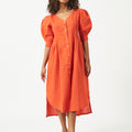 Linen Cotton Orange Balloon Sleeve Dress MSG577ORN