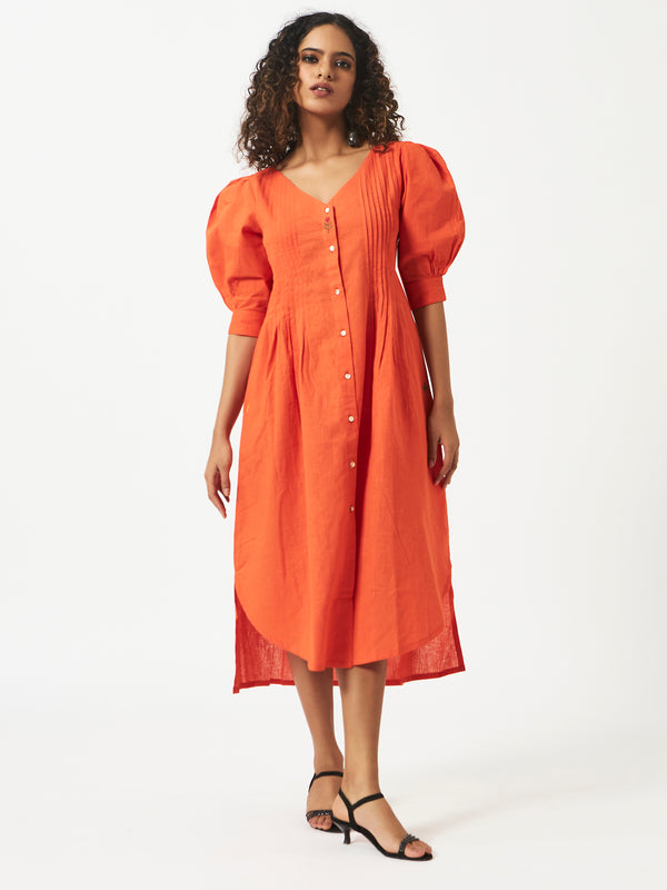 Linen Cotton Orange Balloon Sleeve Dress MSGCS577ORN