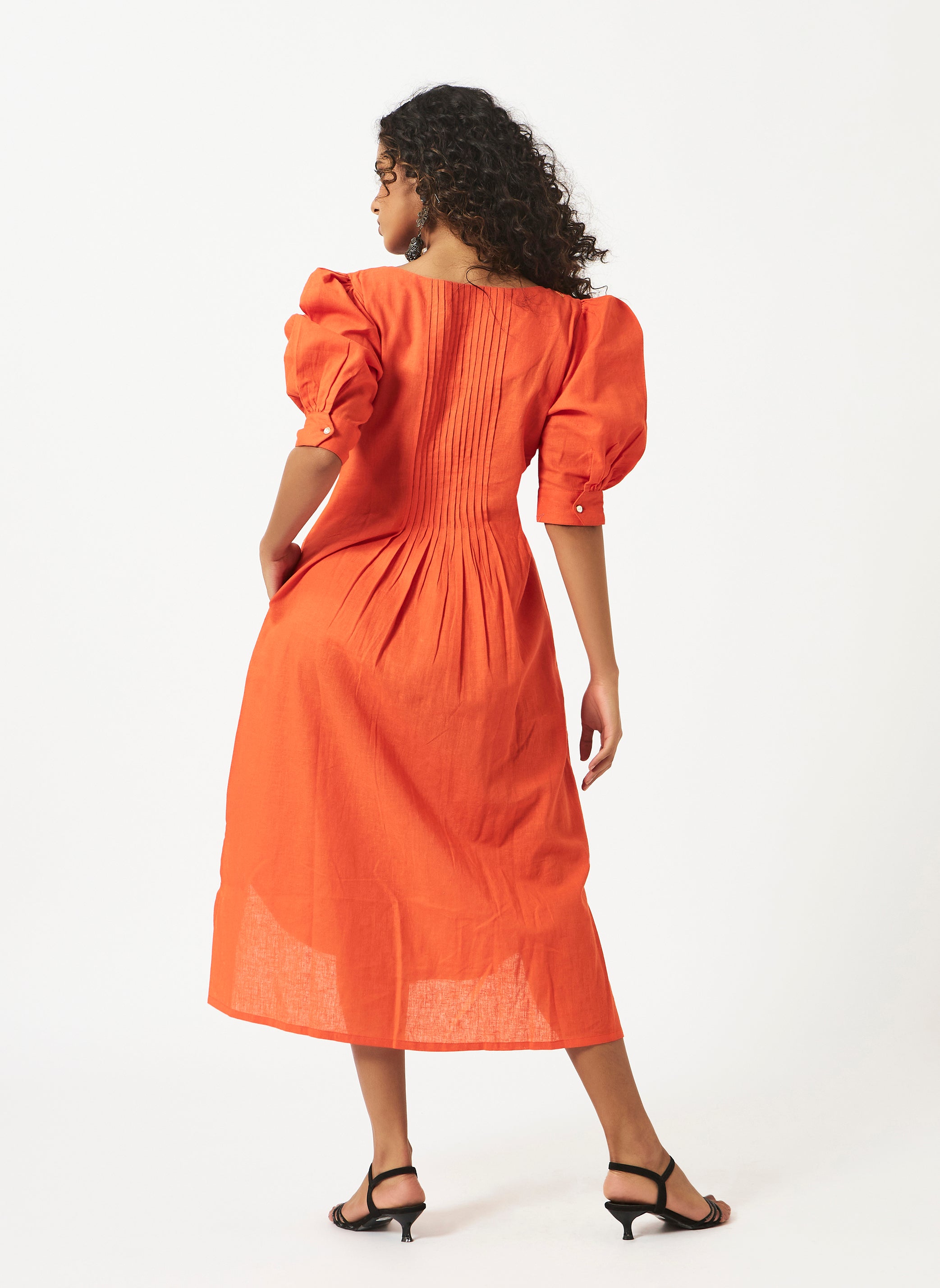 Mosegi- Linen Cotton Orange Pintuck Dress with Balloon Sleeve