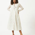 Organic cotton off-white printed madarin collar layered full sleeve dress - MSG57AGRN