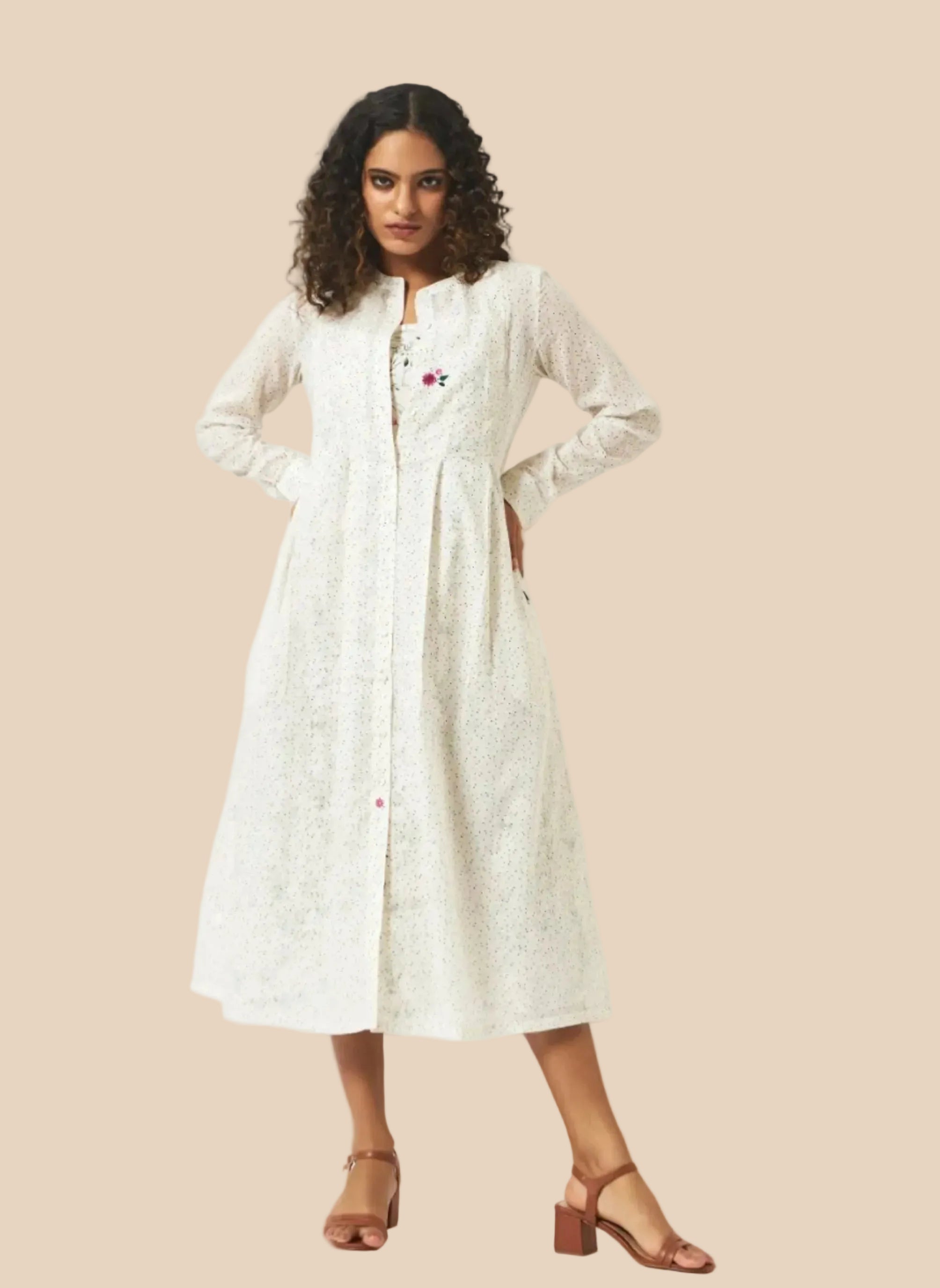 Organic cotton off-white printed madarin collar layered full sleeve dress - MSG57AGRN