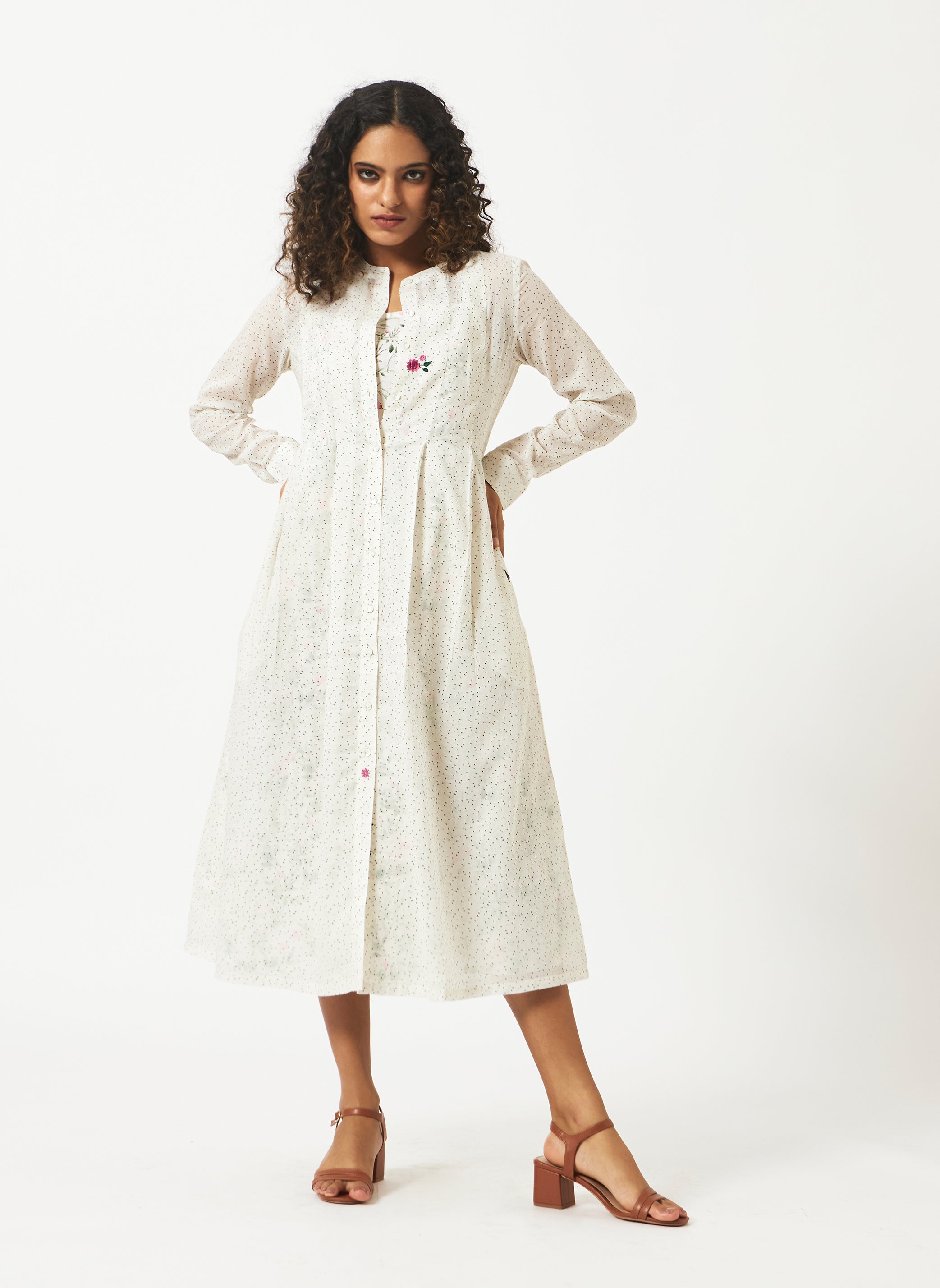 Organic cotton off-white printed madarin collar layered full sleeve dress - MSG57AGRN