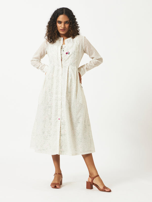 Organic cotton off-white printed madarin collar layered full sleeve dress - MSGCS57AGRN