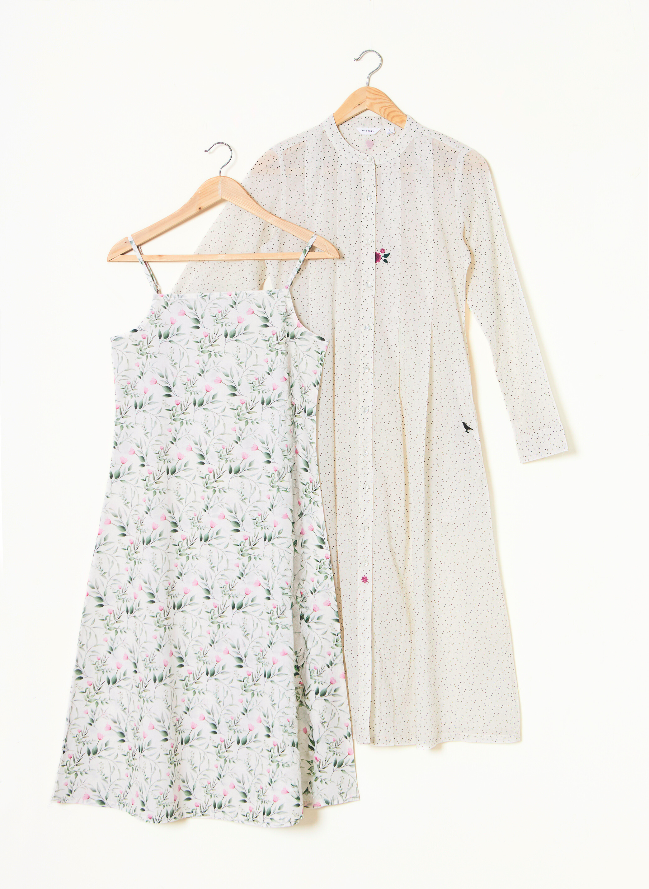 Organic cotton off-white printed madarin collar layered full sleeve dress - MSG57AGRN