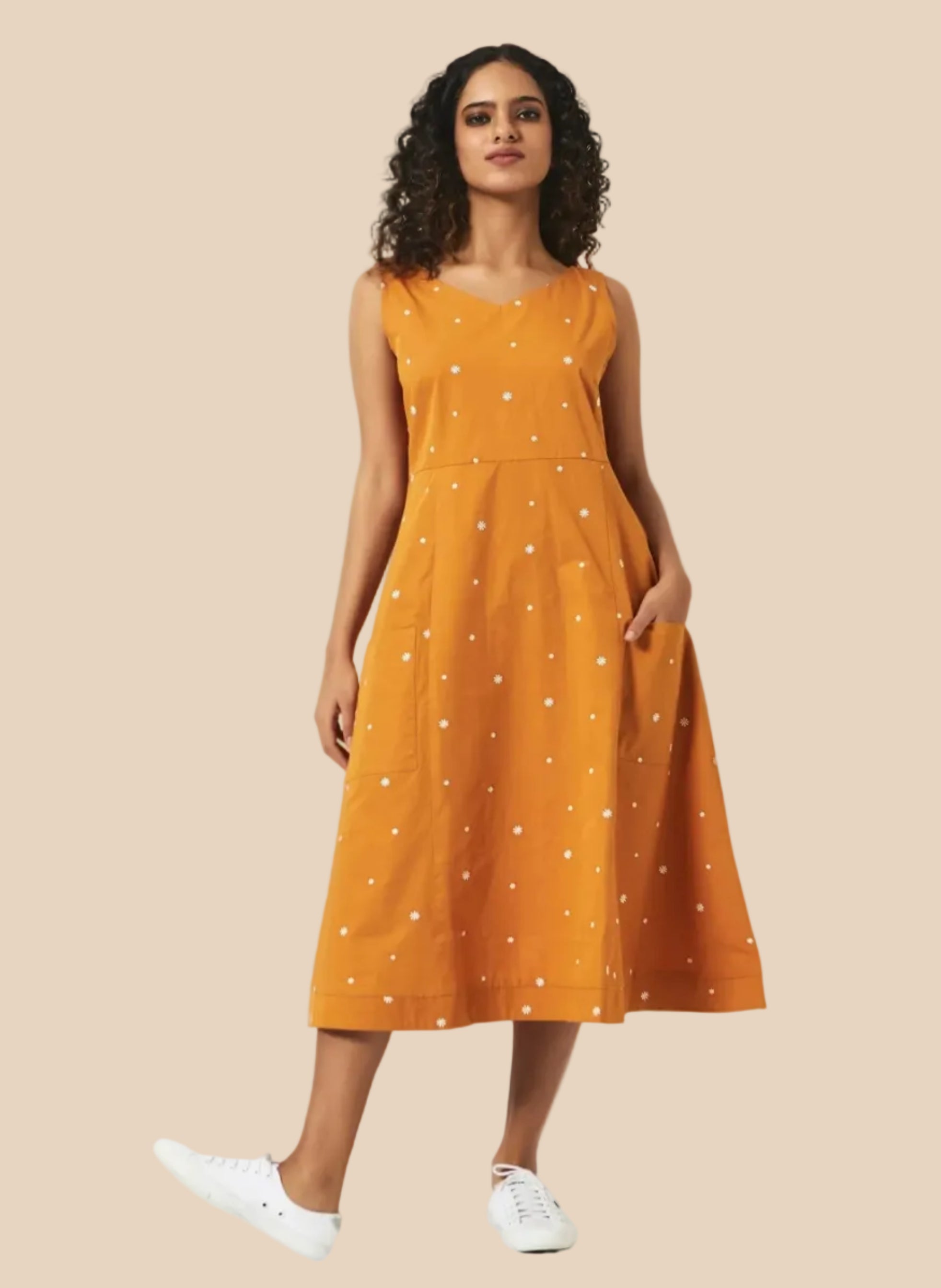 Tan All Over Embroidered Organic Cotton Dress - MSG65TN